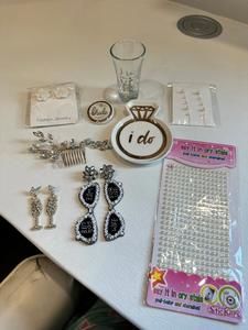 Misc wedding items: earrings, shot glass, Pearl stickers and more
